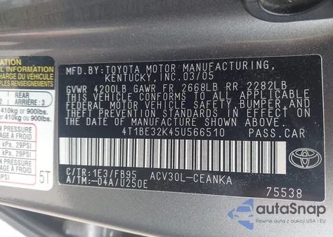 2005 Toyota Camry Std from USA, damaged, VIN 4T1BE32K45U566510
